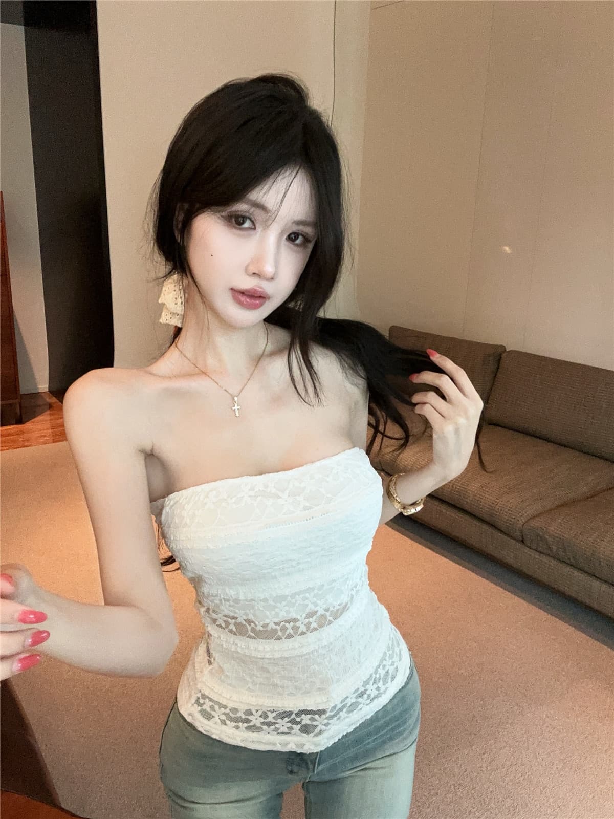실사 정가 프랑스식 홀로우 아웃 레이스 튜브탑 조끼 순수한 욕망 화이트 백리스 레이스업 나비 매듭 쇼트 스타일 맨위 상세 이미지 3