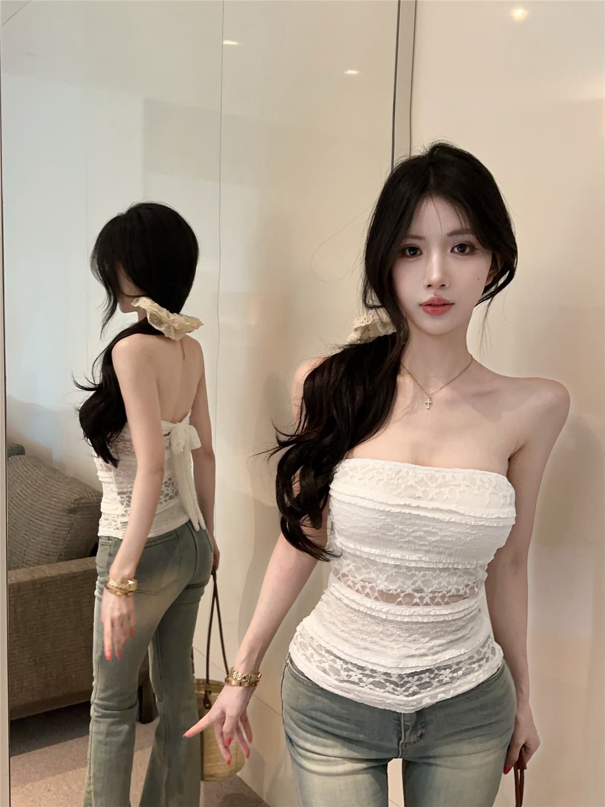 실사 정가 프랑스식 홀로우 아웃 레이스 튜브탑 조끼 순수한 욕망 화이트 백리스 레이스업 나비 매듭 쇼트 스타일 맨위 상세 이미지 4