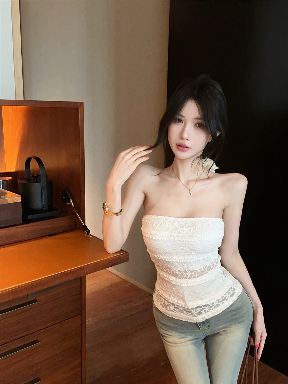실사 정가 프랑스식 홀로우 아웃 레이스 튜브탑 조끼 순수한 욕망 화이트 백리스 레이스업 나비 매듭 쇼트 스타일 맨위 상세 이미지 5