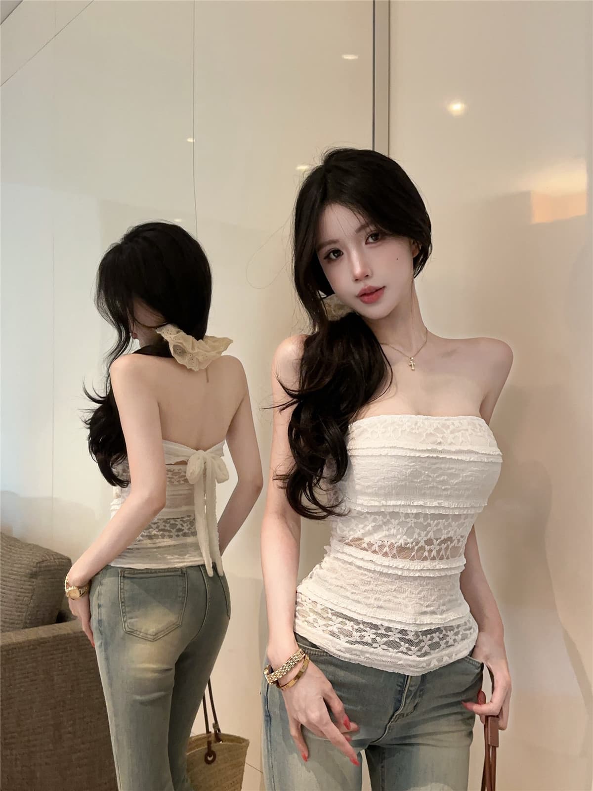 실사 정가 프랑스식 홀로우 아웃 레이스 튜브탑 조끼 순수한 욕망 화이트 백리스 레이스업 나비 매듭 쇼트 스타일 맨위 상세 이미지 7