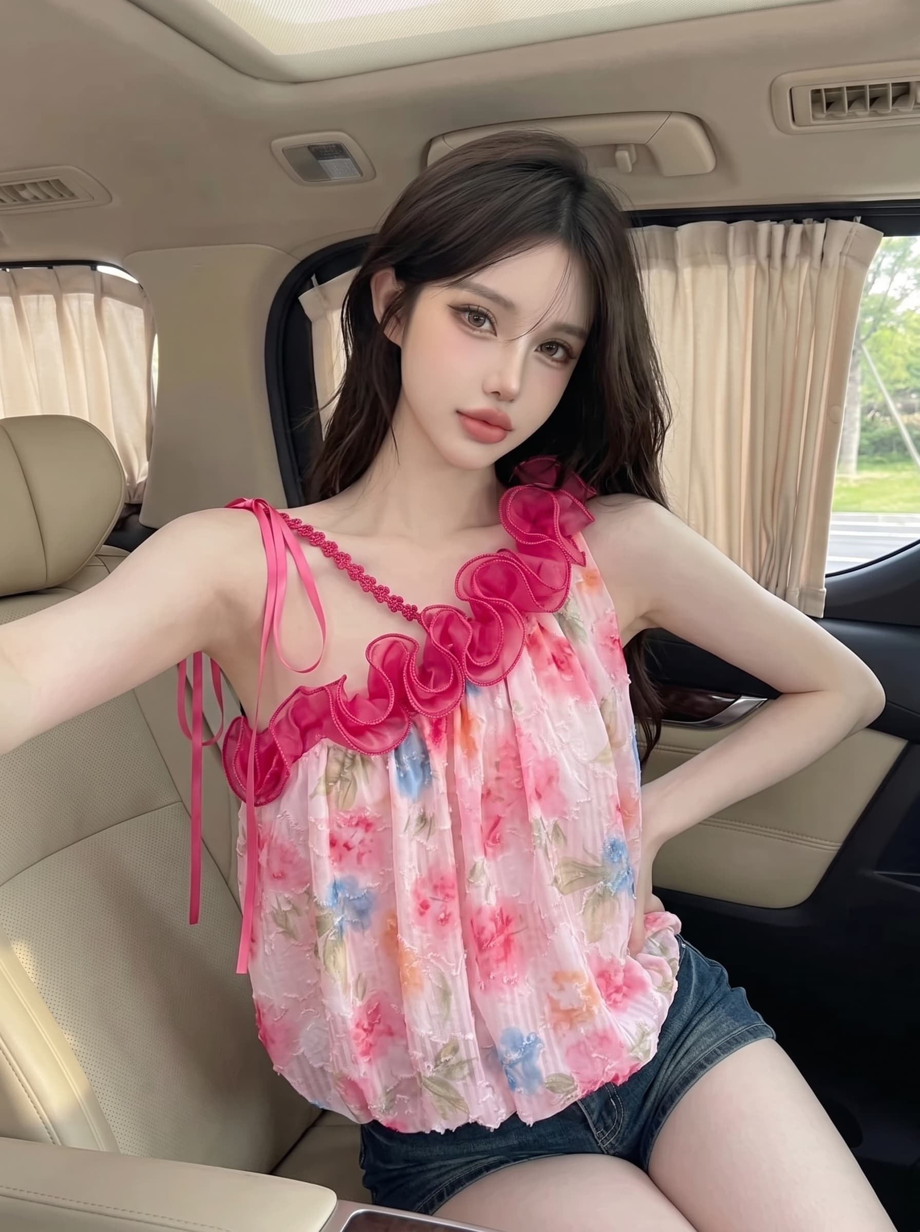 실사 정가 휴가 바람 Chic 민소매 조끼 여름 달콤한 매운맛 레이스 비스듬한 어깨 꽃무늬 슬립 맨위 이미지 2
