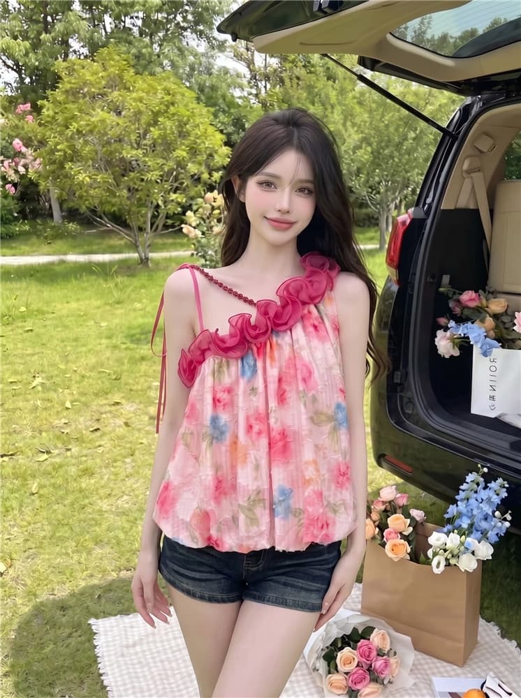 실사 정가 휴가 바람 Chic 민소매 조끼 여름 달콤한 매운맛 레이스 비스듬한 어깨 꽃무늬 슬립 맨위 상세 이미지 1