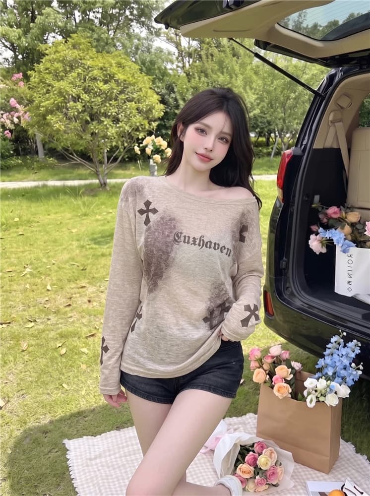 실사 정가 아메리칸 비스듬한 어깨 긴팔 티셔츠 여름 얇은 스타일 자외선 차단 블라우스 루즈핏 느긋한 오프숄더 핫걸 맨위 이미지 4