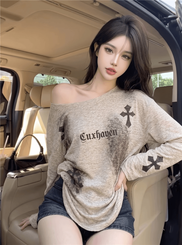 실사 정가 아메리칸 비스듬한 어깨 긴팔 티셔츠 여름 얇은 스타일 자외선 차단 블라우스 루즈핏 느긋한 오프숄더 핫걸 맨위 이미지 2