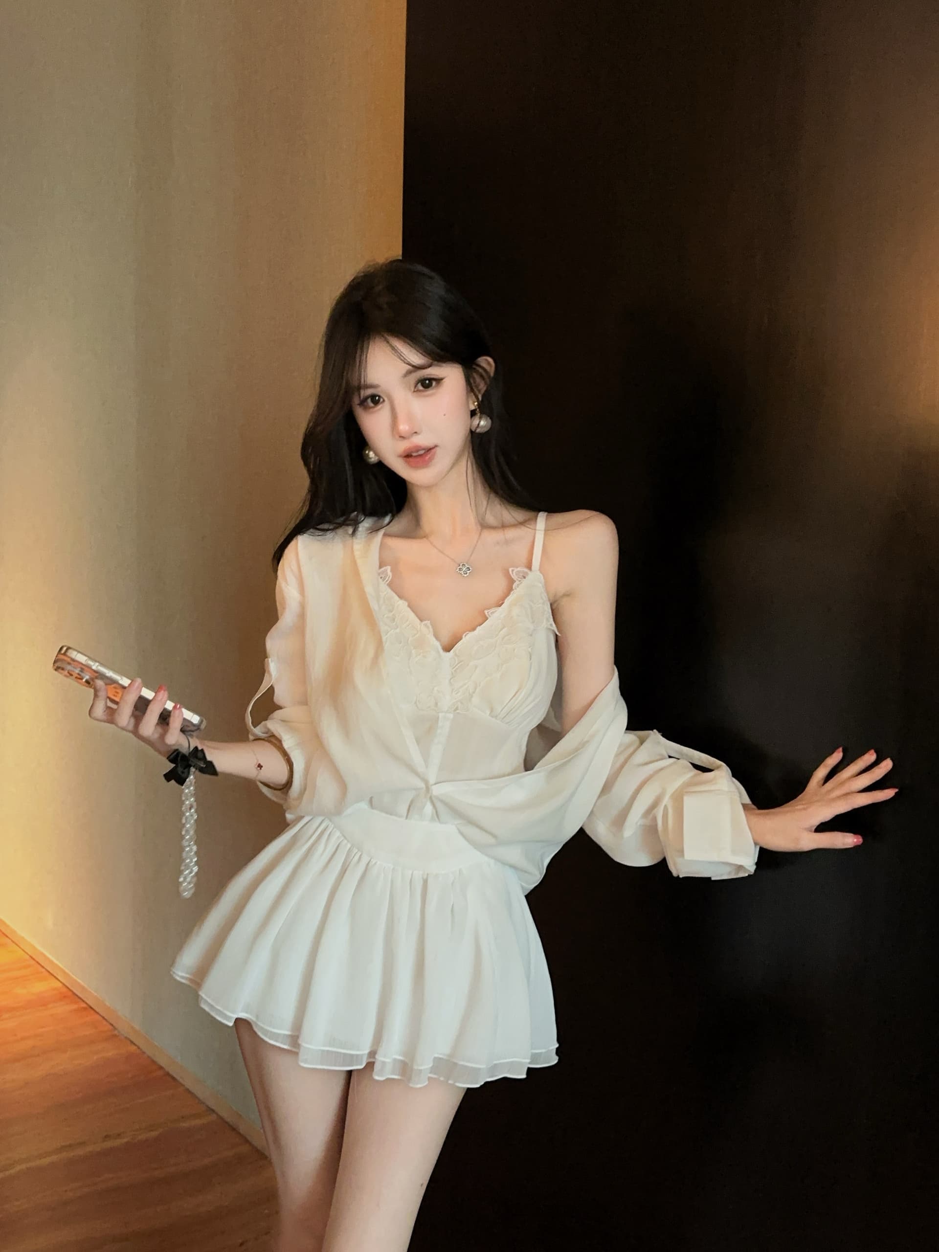 실사 정가 품격 화이트 패치워크 페이크 레이어드 레이스 슬립 자외선 차단 중간 소매 여성 셔츠 반신 미니 스커트 세트 상세 이미지 12