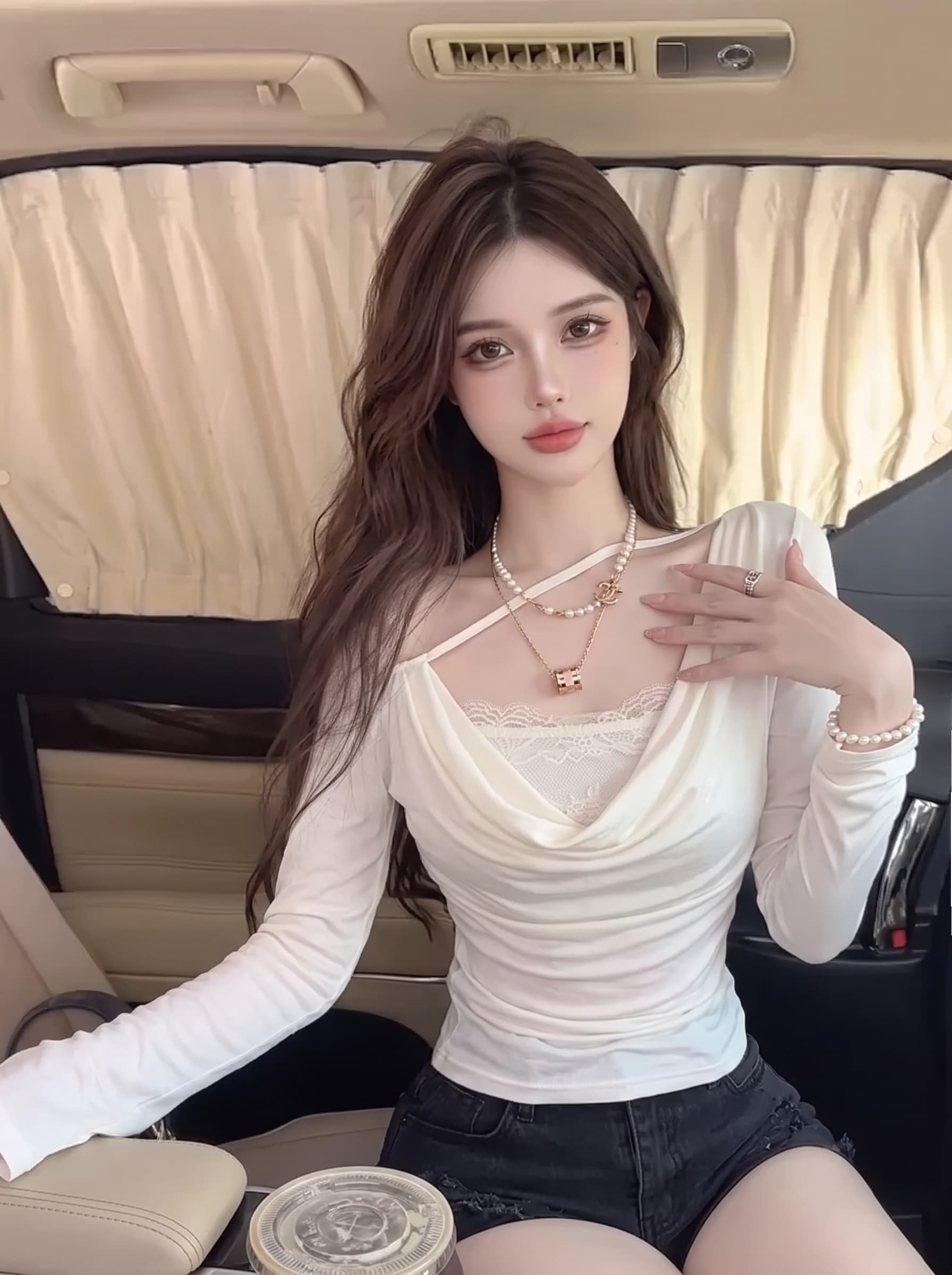 실사 정가 순수한 욕망 분위기 센스 비스듬한 어깨 흔들다 칼라 긴팔 티셔츠 디자인 센스 레이스 조각 페이크 레이어드 맨위 상세 이미지 5