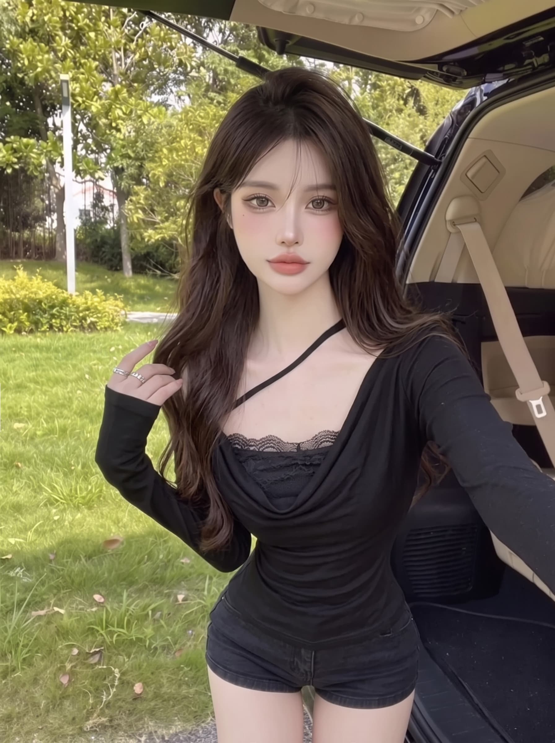 실사 정가 순수한 욕망 분위기 센스 비스듬한 어깨 흔들다 칼라 긴팔 티셔츠 디자인 센스 레이스 조각 페이크 레이어드 맨위 상세 이미지 8