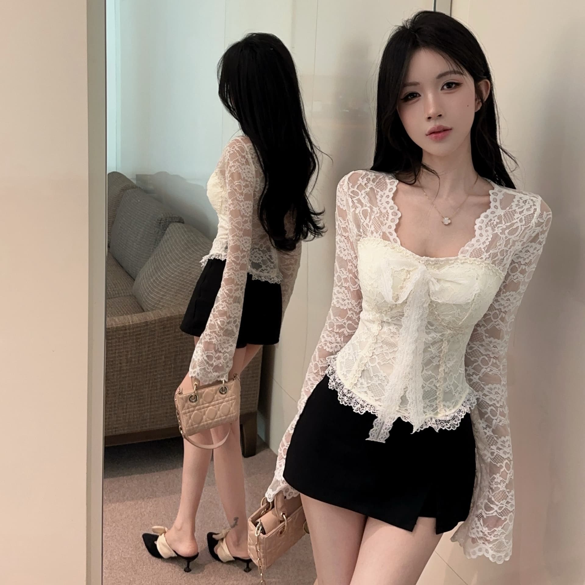 실사 정가 이른 가을 순수한 욕망 레이스 V넥 몸매 가꾸기 디자인 센스 나비 매듭 스트랩 켜기 벨트 가슴 패드