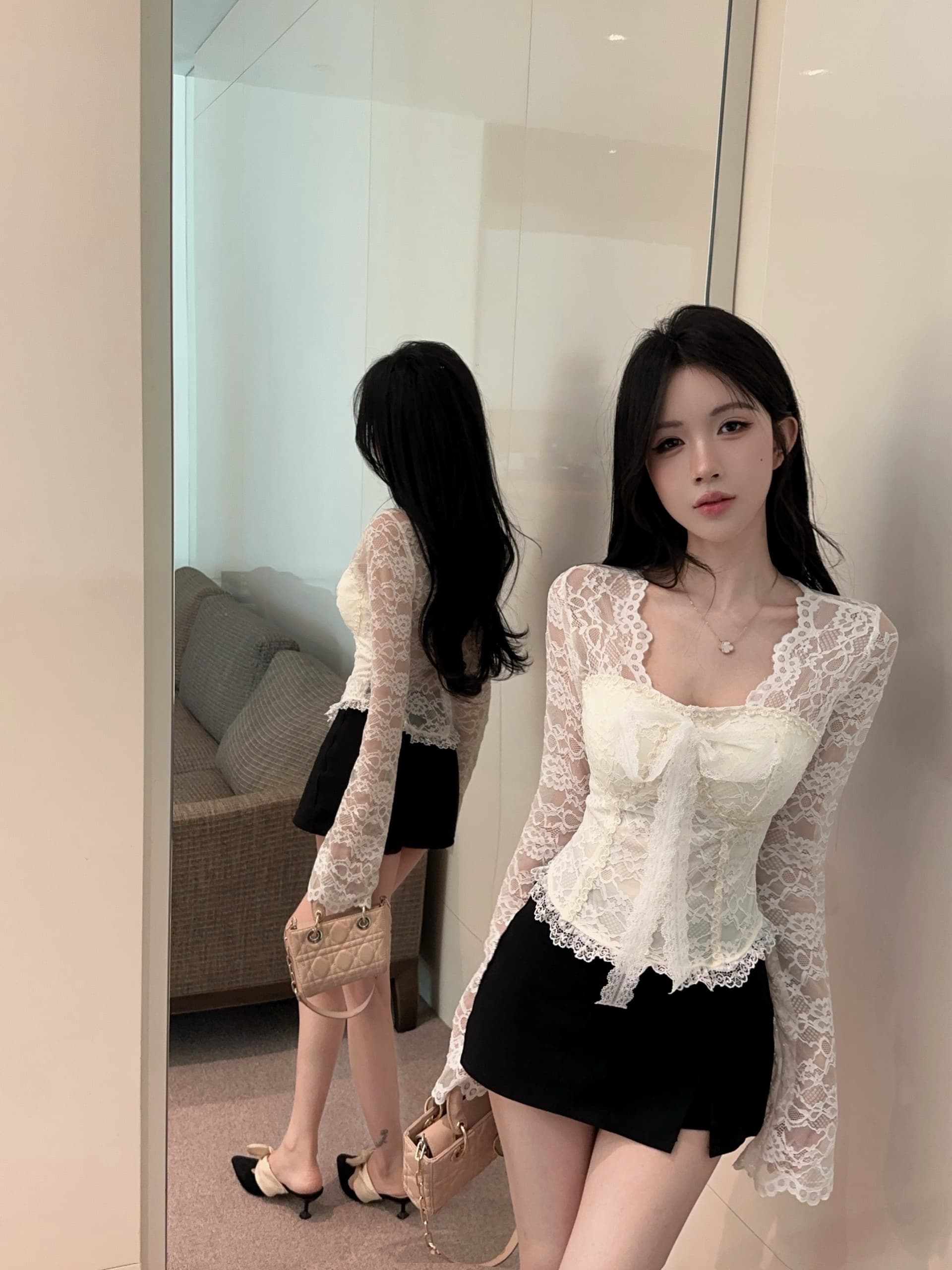 실사 정가 이른 가을 순수한 욕망 레이스 V넥 몸매 가꾸기 디자인 센스 나비 매듭 스트랩 켜기 벨트 가슴 패드 상세 이미지 3