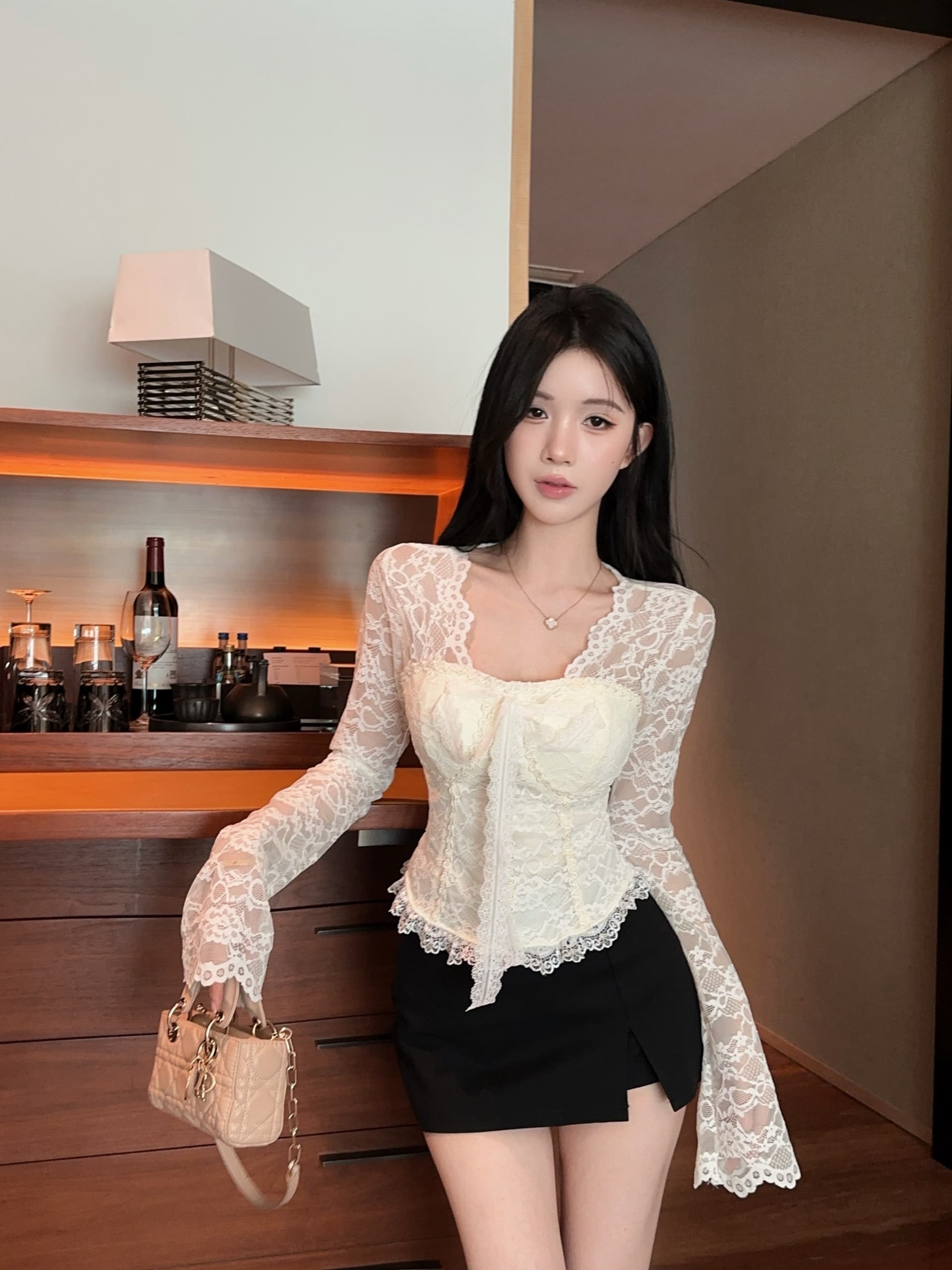 실사 정가 이른 가을 순수한 욕망 레이스 V넥 몸매 가꾸기 디자인 센스 나비 매듭 스트랩 켜기 벨트 가슴 패드 상세 이미지 5