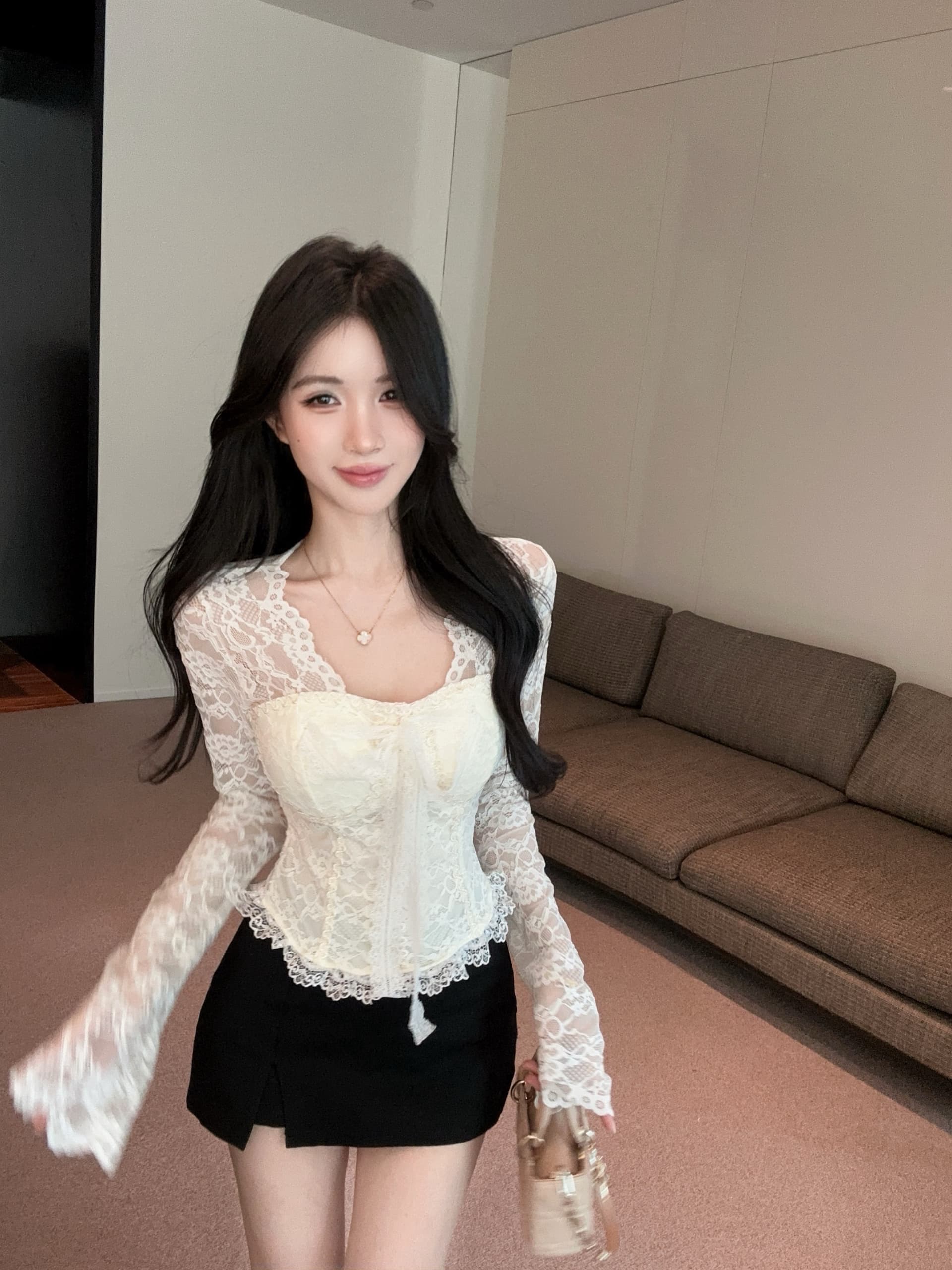 실사 정가 이른 가을 순수한 욕망 레이스 V넥 몸매 가꾸기 디자인 센스 나비 매듭 스트랩 켜기 벨트 가슴 패드 상세 이미지 7