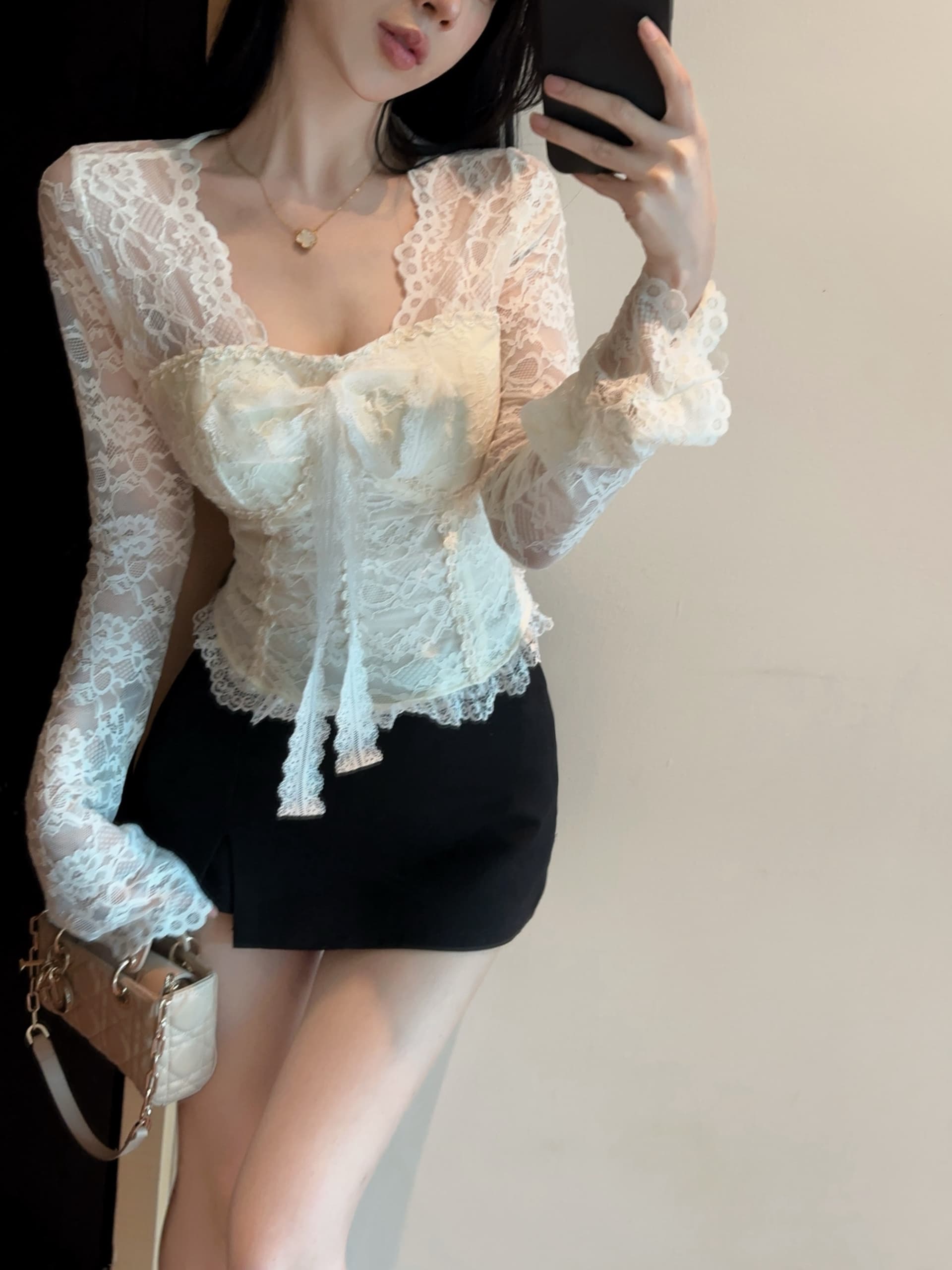 실사 정가 이른 가을 순수한 욕망 레이스 V넥 몸매 가꾸기 디자인 센스 나비 매듭 스트랩 켜기 벨트 가슴 패드 상세 이미지 10