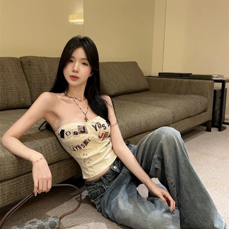 정가 실사 새로운 패션 알파벳 프린트 종이 클립 펑크 프린트 생선뼈 PU 가죽 코르셋 핫걸 튜브탑