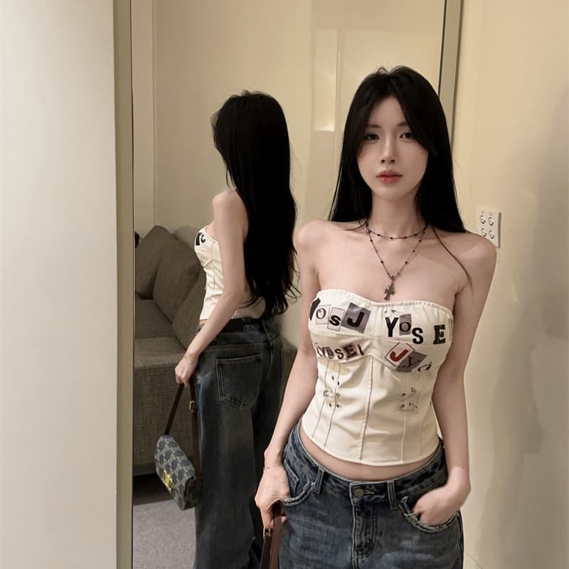 정가 실사 새로운 패션 알파벳 프린트 종이 클립 펑크 프린트 생선뼈 PU 가죽 코르셋 핫걸 튜브탑 이미지 5