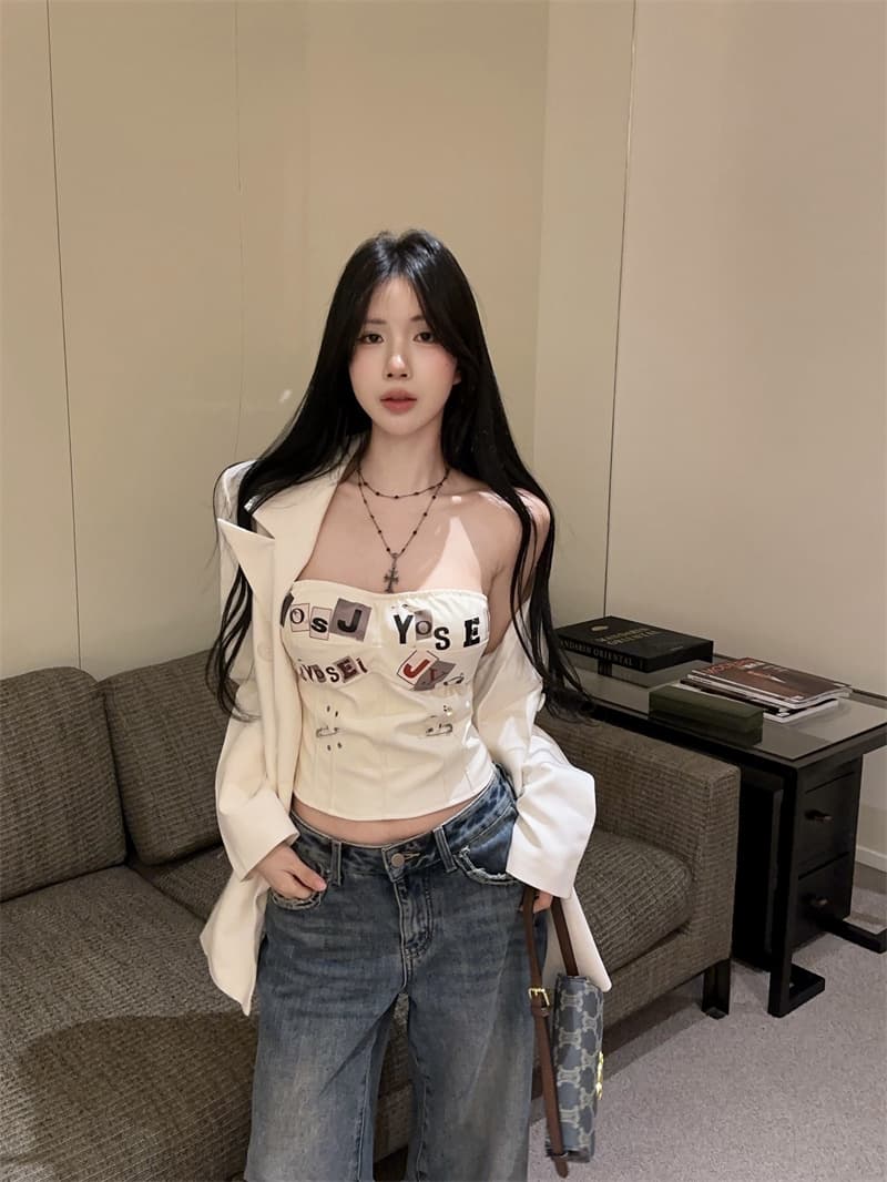 정가 실사 새로운 패션 알파벳 프린트 종이 클립 펑크 프린트 생선뼈 PU 가죽 코르셋 핫걸 튜브탑 상세 이미지 1