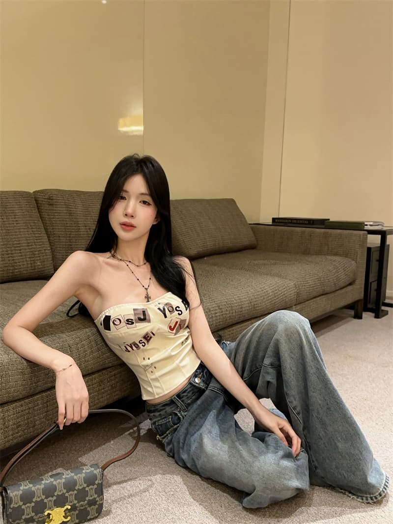 정가 실사 새로운 패션 알파벳 프린트 종이 클립 펑크 프린트 생선뼈 PU 가죽 코르셋 핫걸 튜브탑 상세 이미지 2