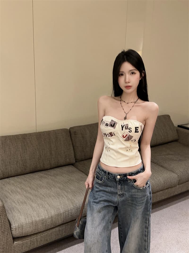 정가 실사 새로운 패션 알파벳 프린트 종이 클립 펑크 프린트 생선뼈 PU 가죽 코르셋 핫걸 튜브탑 상세 이미지 4