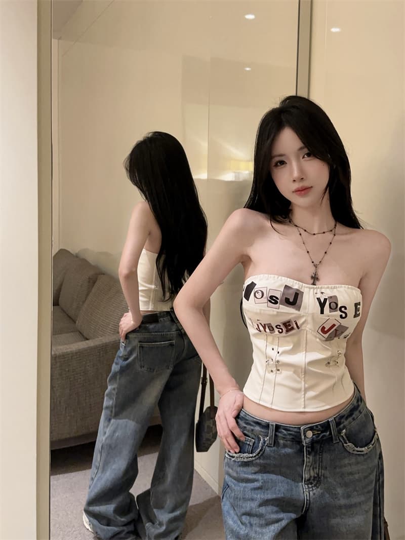 정가 실사 새로운 패션 알파벳 프린트 종이 클립 펑크 프린트 생선뼈 PU 가죽 코르셋 핫걸 튜브탑 상세 이미지 5