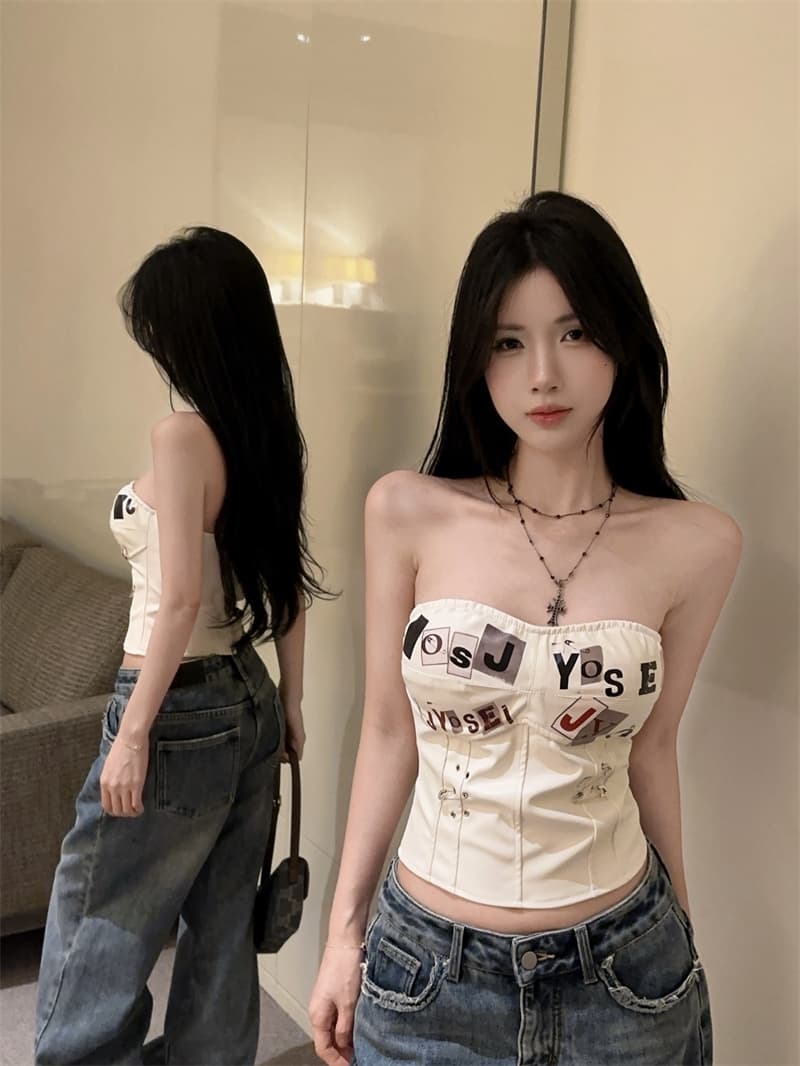 정가 실사 새로운 패션 알파벳 프린트 종이 클립 펑크 프린트 생선뼈 PU 가죽 코르셋 핫걸 튜브탑 상세 이미지 7