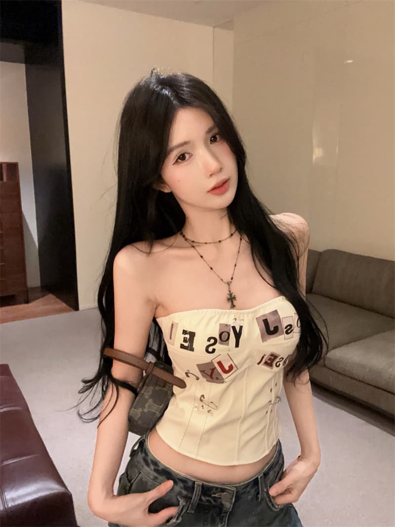 정가 실사 새로운 패션 알파벳 프린트 종이 클립 펑크 프린트 생선뼈 PU 가죽 코르셋 핫걸 튜브탑 상세 이미지 8