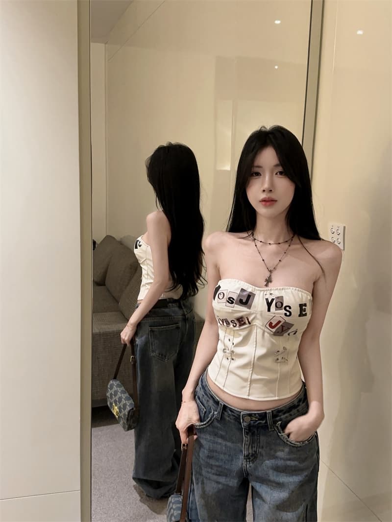 정가 실사 새로운 패션 알파벳 프린트 종이 클립 펑크 프린트 생선뼈 PU 가죽 코르셋 핫걸 튜브탑 상세 이미지 9