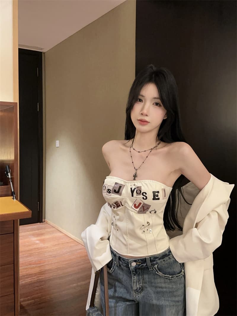 정가 실사 새로운 패션 알파벳 프린트 종이 클립 펑크 프린트 생선뼈 PU 가죽 코르셋 핫걸 튜브탑 상세 이미지 13
