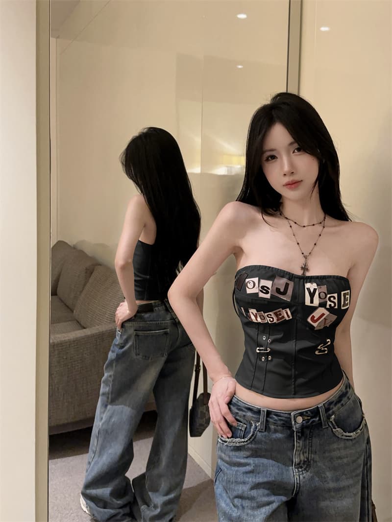 정가 실사 새로운 패션 알파벳 프린트 종이 클립 펑크 프린트 생선뼈 PU 가죽 코르셋 핫걸 튜브탑 상세 이미지 14