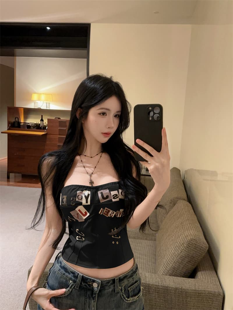정가 실사 새로운 패션 알파벳 프린트 종이 클립 펑크 프린트 생선뼈 PU 가죽 코르셋 핫걸 튜브탑 상세 이미지 16