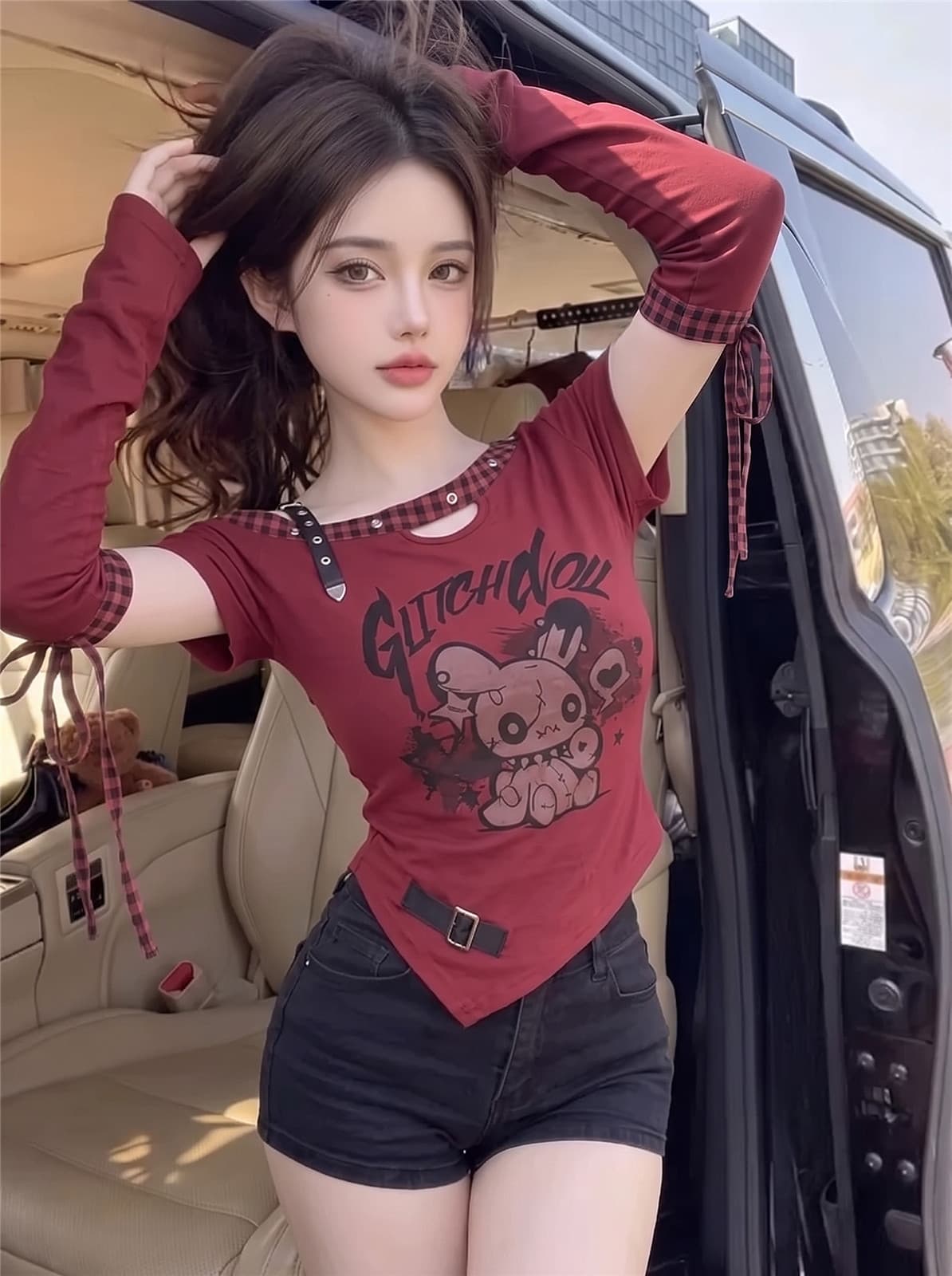 실사 정가 달콤한 차가운 프린트 소매 커버 몸매 가꾸기 티셔츠 여성 순수한 욕망 비스듬한 어깨 불규칙 디자인 센스 빨간색 맨위 상세 이미지 3