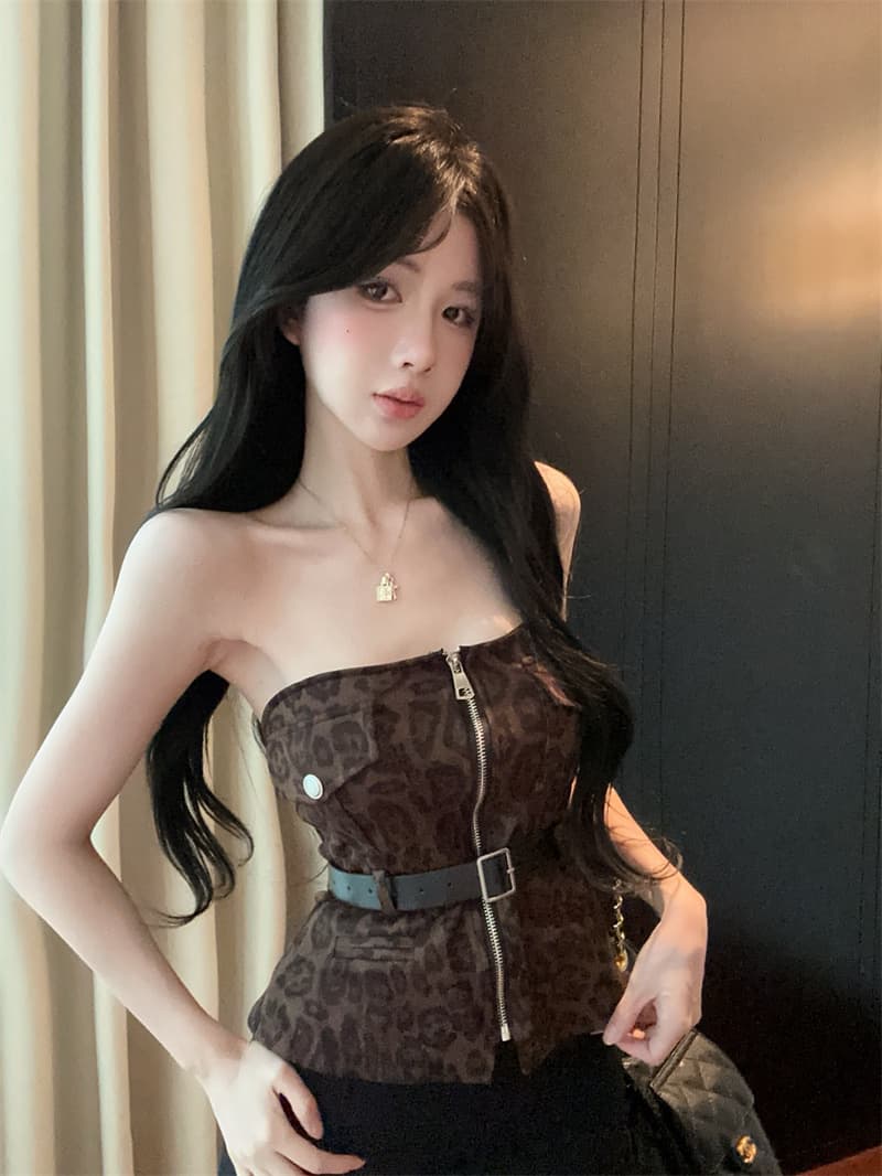 정가 실사 레오파드 무늬 달콤한 차가운 당겨서 지퍼 튜브탑 조끼 여성 디자인 센스 몸매 가꾸기 섹시함 핫걸 쇼트 스타일 튜브탑 상세 이미지 10
