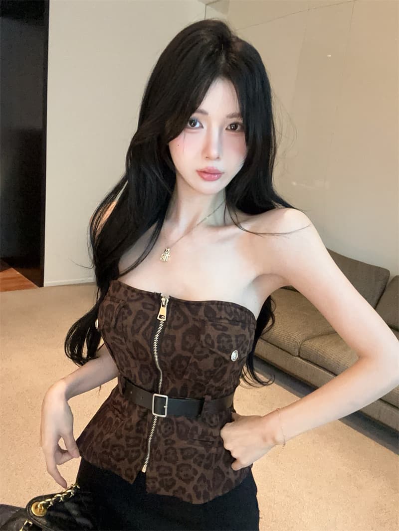 정가 실사 레오파드 무늬 달콤한 차가운 당겨서 지퍼 튜브탑 조끼 여성 디자인 센스 몸매 가꾸기 섹시함 핫걸 쇼트 스타일 튜브탑 상세 이미지 11