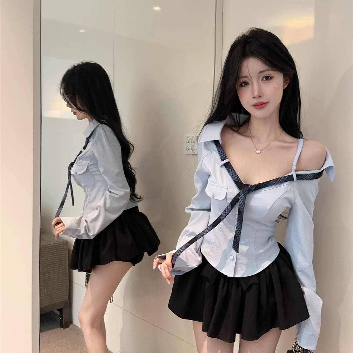 실사 정가 학원 스타일 jk 유니폼 핫걸 비스듬한 어깨 V넥 파란색 셔츠 순수한 욕망 슬림해 보이는 허리 수축 오프숄더 맨위