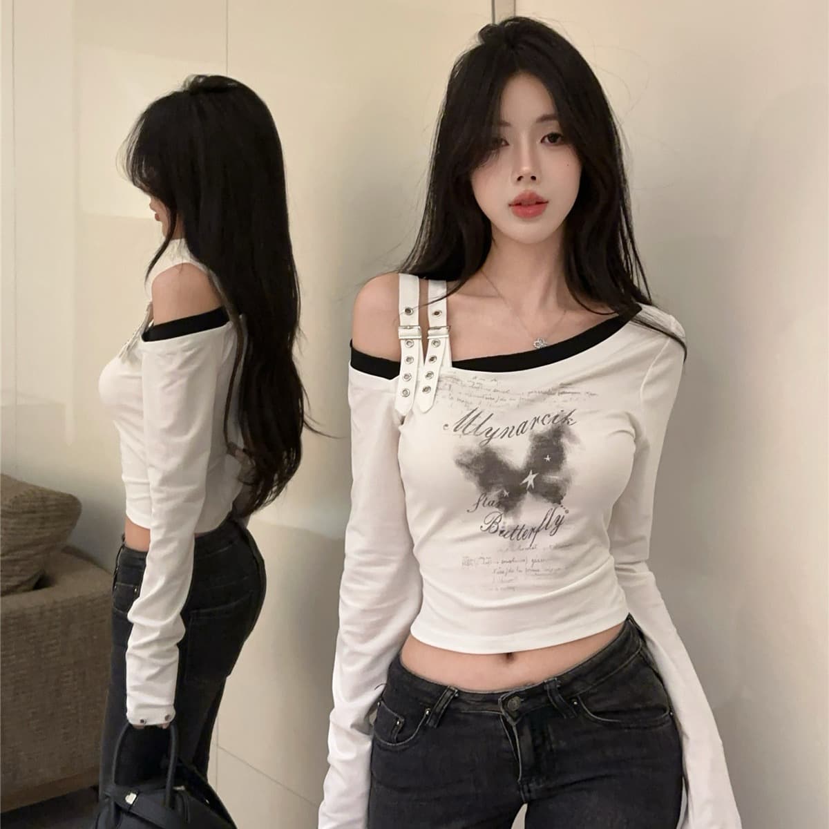 실사 정가 핫걸 비스듬한 어깨 디자인 센스 페이크 레이어드 긴팔 티셔츠 몸매 가꾸기 나비 프린트 화이트 맨위 이미지 4