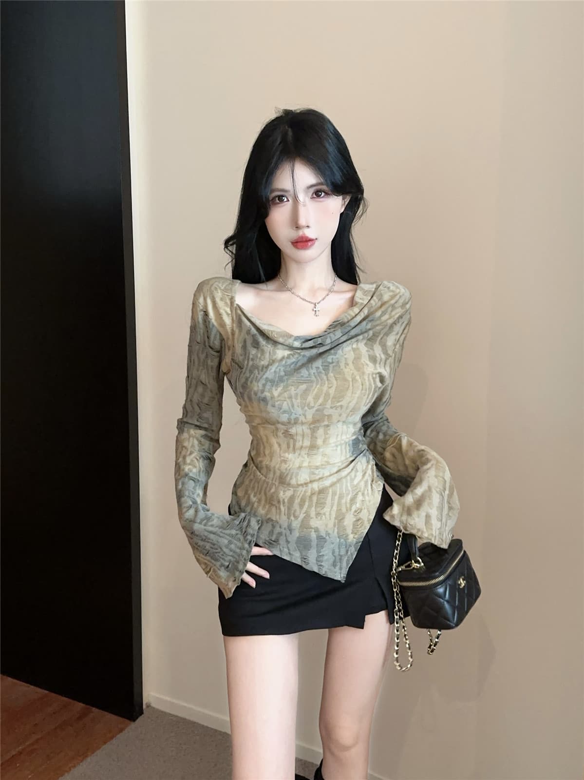 실사 정가 Chic 불규칙 홀치기 염색 긴팔 티셔츠 불모지 바람 레트로 흔들다 칼라 핫걸 맨위 상세 이미지 1