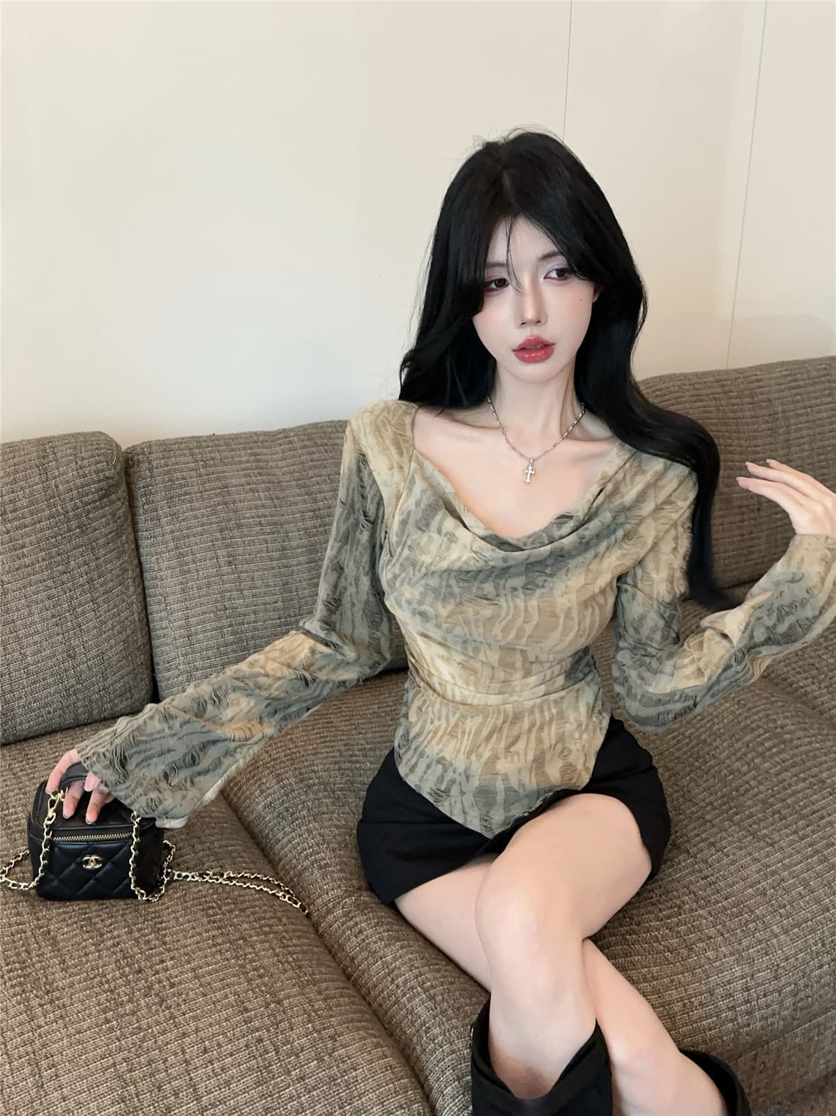 실사 정가 Chic 불규칙 홀치기 염색 긴팔 티셔츠 불모지 바람 레트로 흔들다 칼라 핫걸 맨위 상세 이미지 5