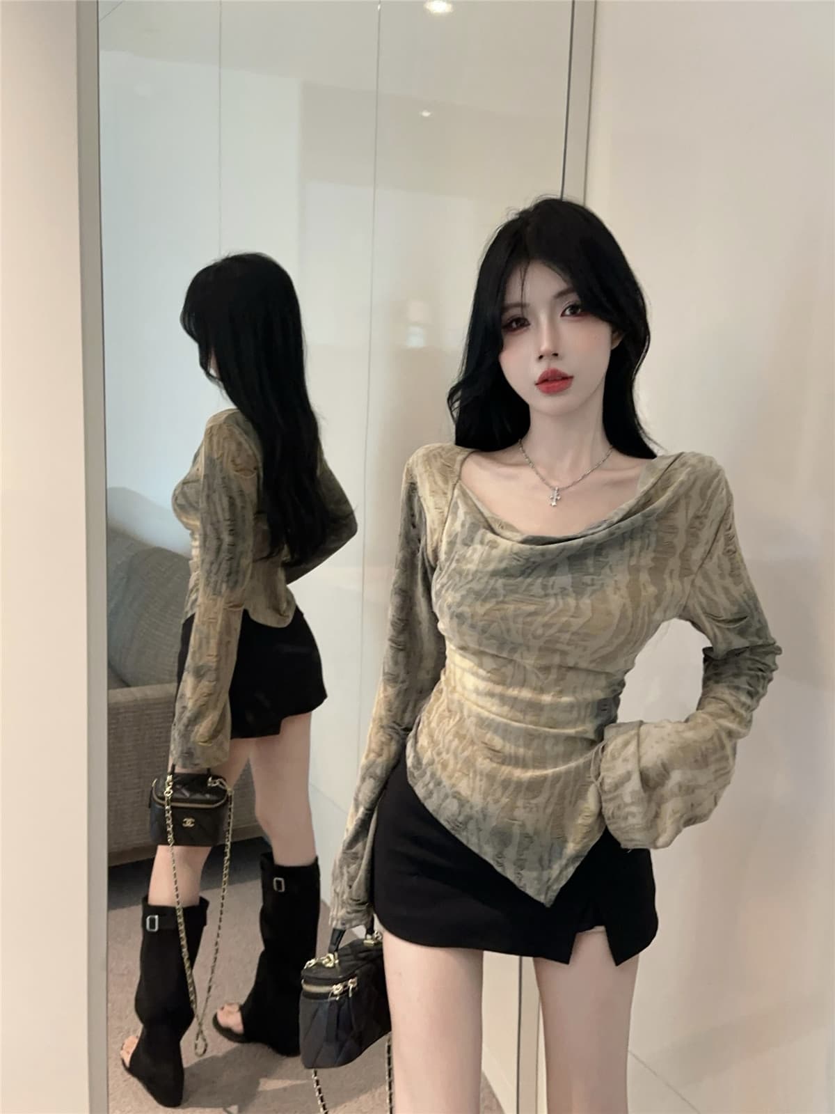 실사 정가 Chic 불규칙 홀치기 염색 긴팔 티셔츠 불모지 바람 레트로 흔들다 칼라 핫걸 맨위 상세 이미지 6