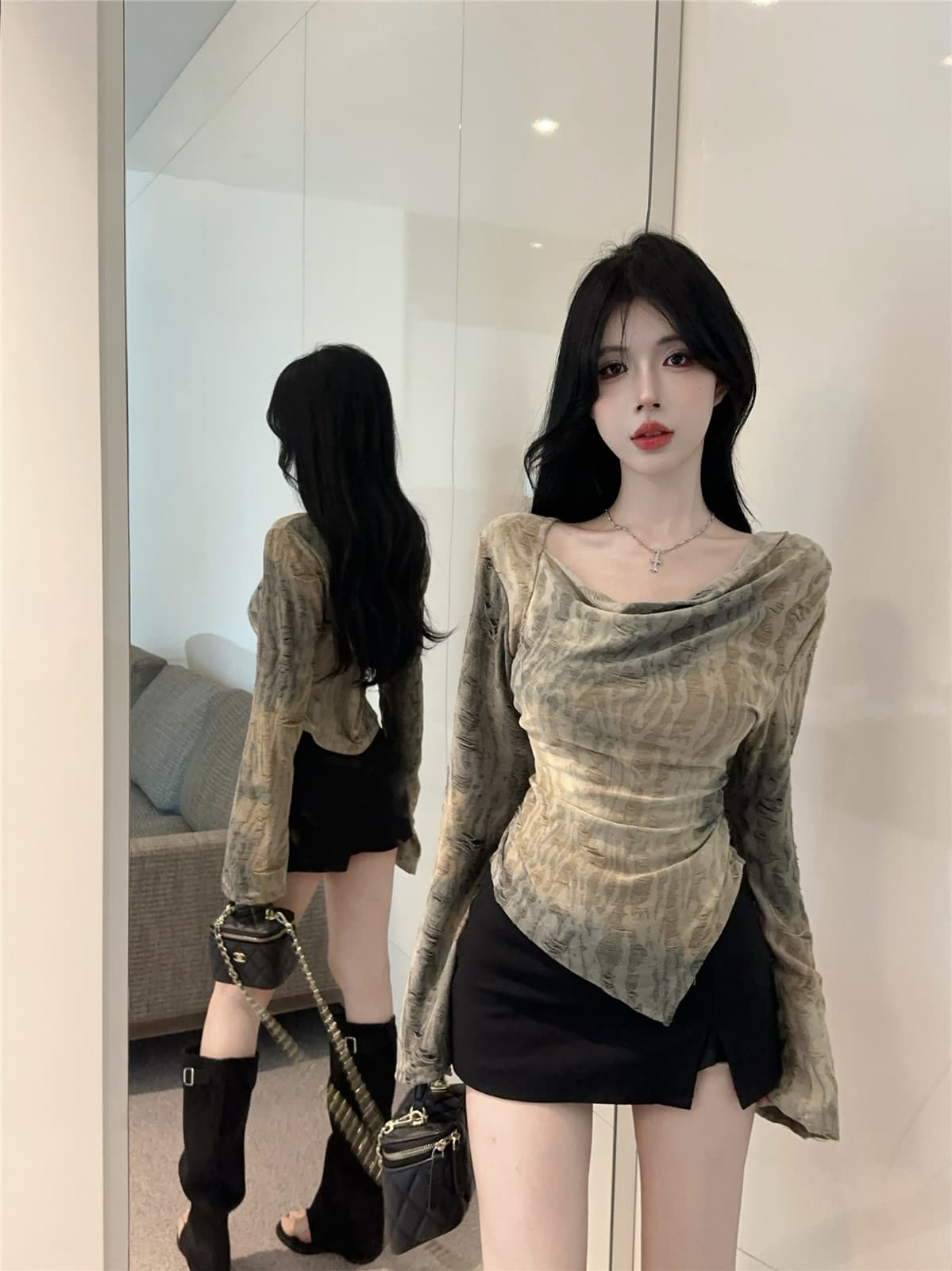 실사 정가 Chic 불규칙 홀치기 염색 긴팔 티셔츠 불모지 바람 레트로 흔들다 칼라 핫걸 맨위 상세 이미지 7
