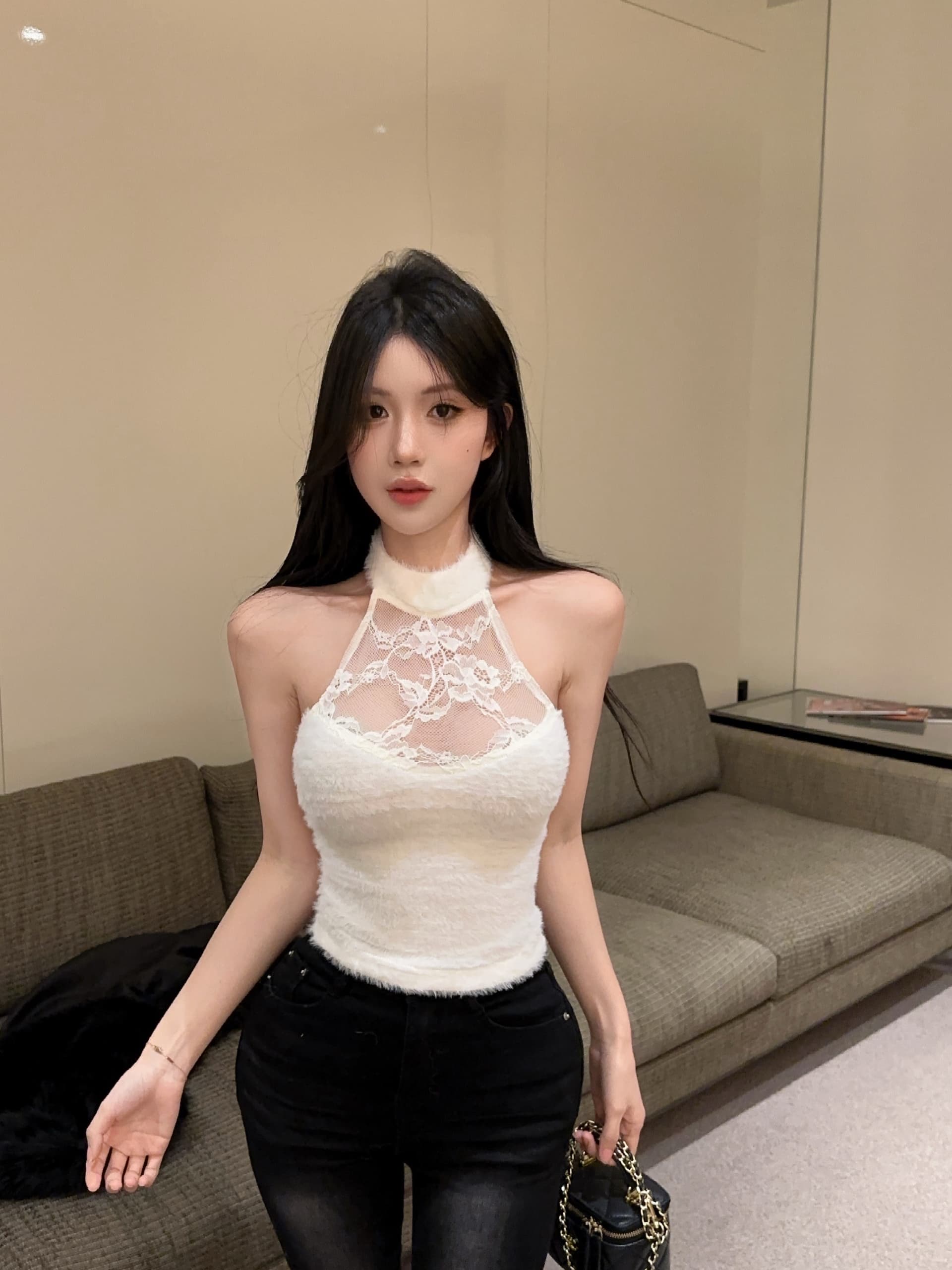 실사 정가 가을 레이스 조각 화이트 행침 목 캐미솔 민소매 인사이드 가져 가라. 외출용 섹시함 쇼트 스타일 맨위 상세 이미지 2