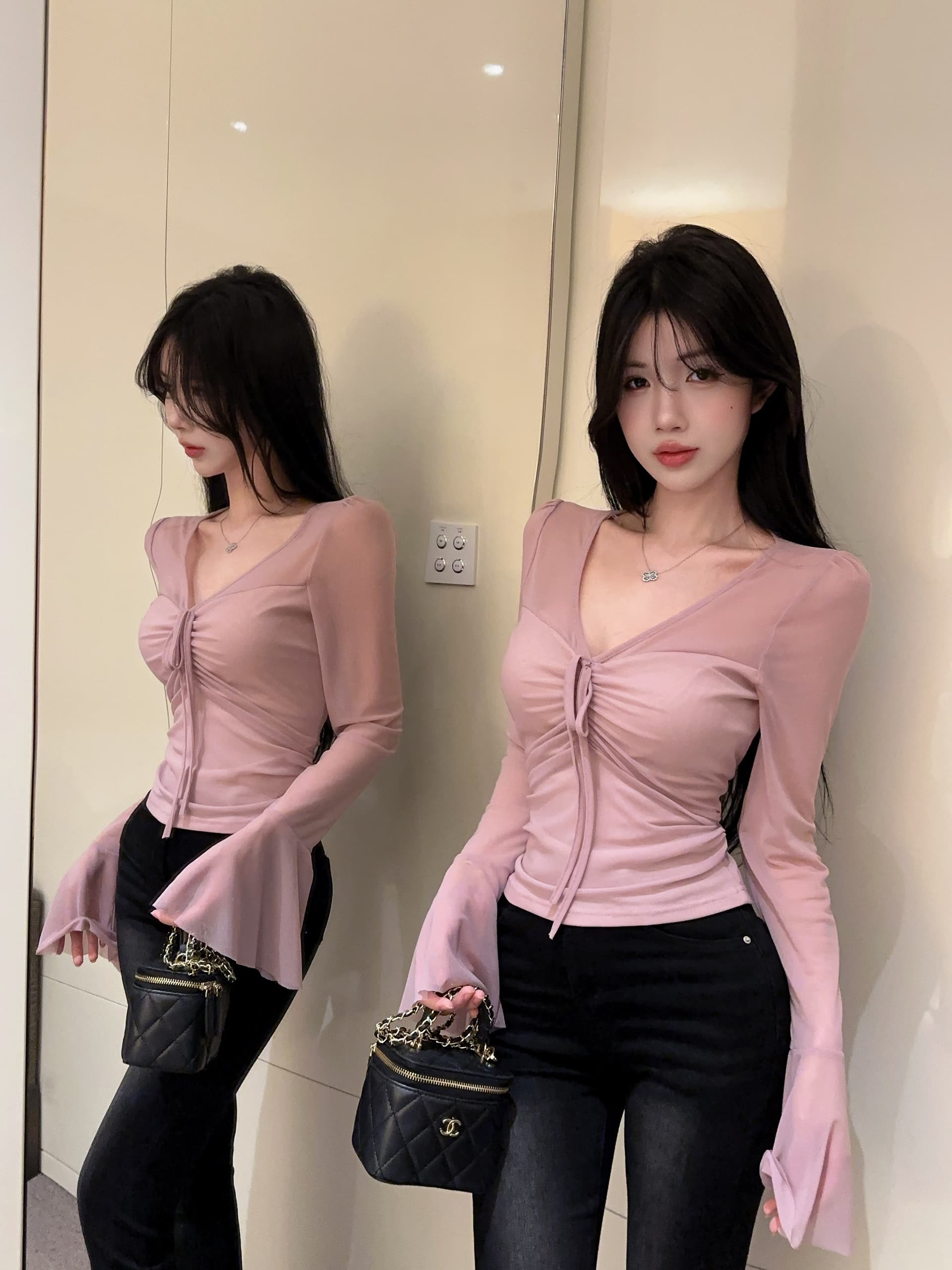 실사 정가 부드러운 순수한 욕망 바람 핑크색 긴팔 핫걸 몸매 가꾸기 V넥 스트랩 디자인 센스 맨위 상세 이미지 5