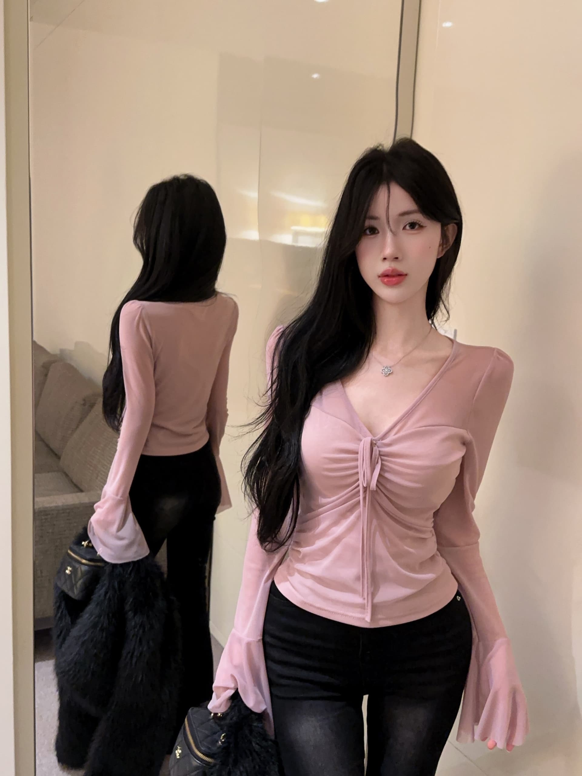 실사 정가 부드러운 순수한 욕망 바람 핑크색 긴팔 핫걸 몸매 가꾸기 V넥 스트랩 디자인 센스 맨위 상세 이미지 7