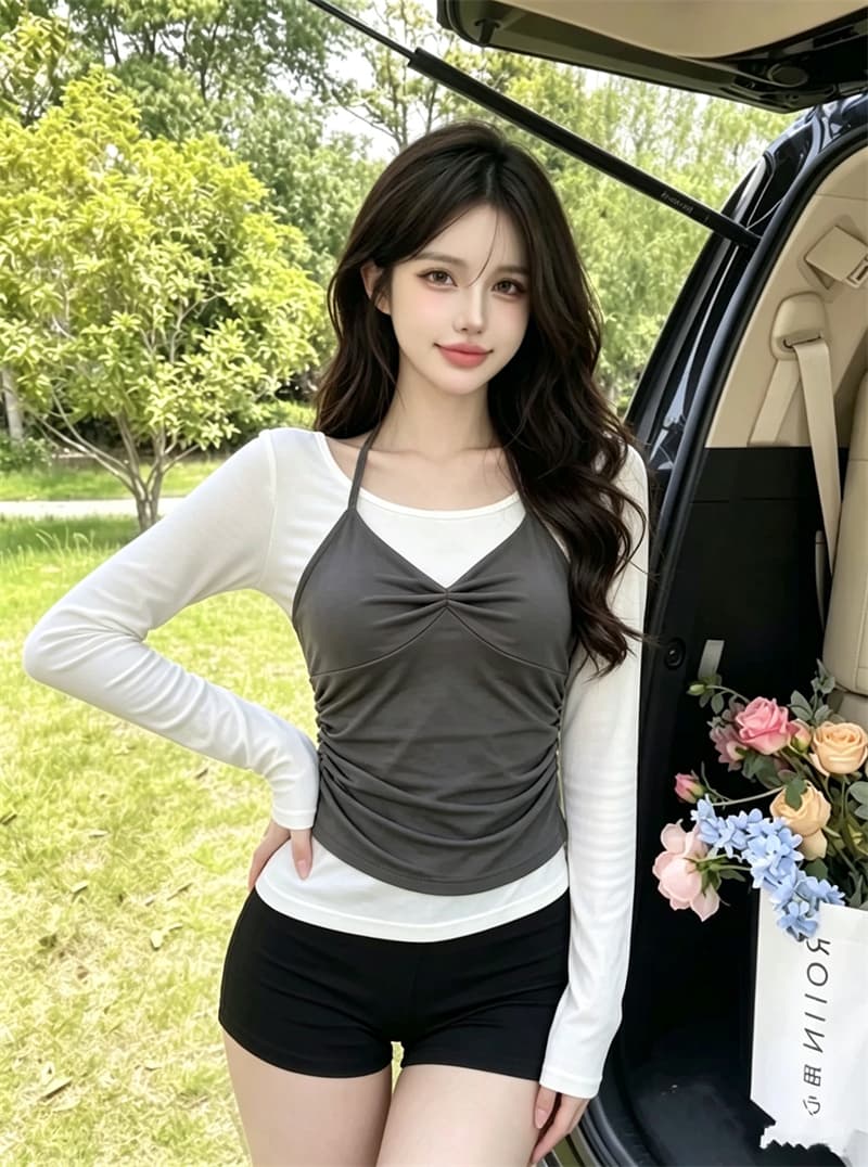 정가 실사 이른 가을 캐주얼 패션 배색 패치워크 페이크 레이어드 연령 감소 한 부서 슬림해 보이는 작은 슬링 조끼 티셔츠 상세 이미지 11