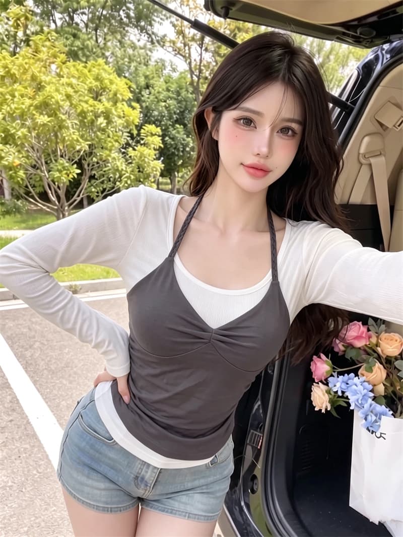 정가 실사 이른 가을 캐주얼 패션 배색 패치워크 페이크 레이어드 연령 감소 한 부서 슬림해 보이는 작은 슬링 조끼 티셔츠 상세 이미지 12