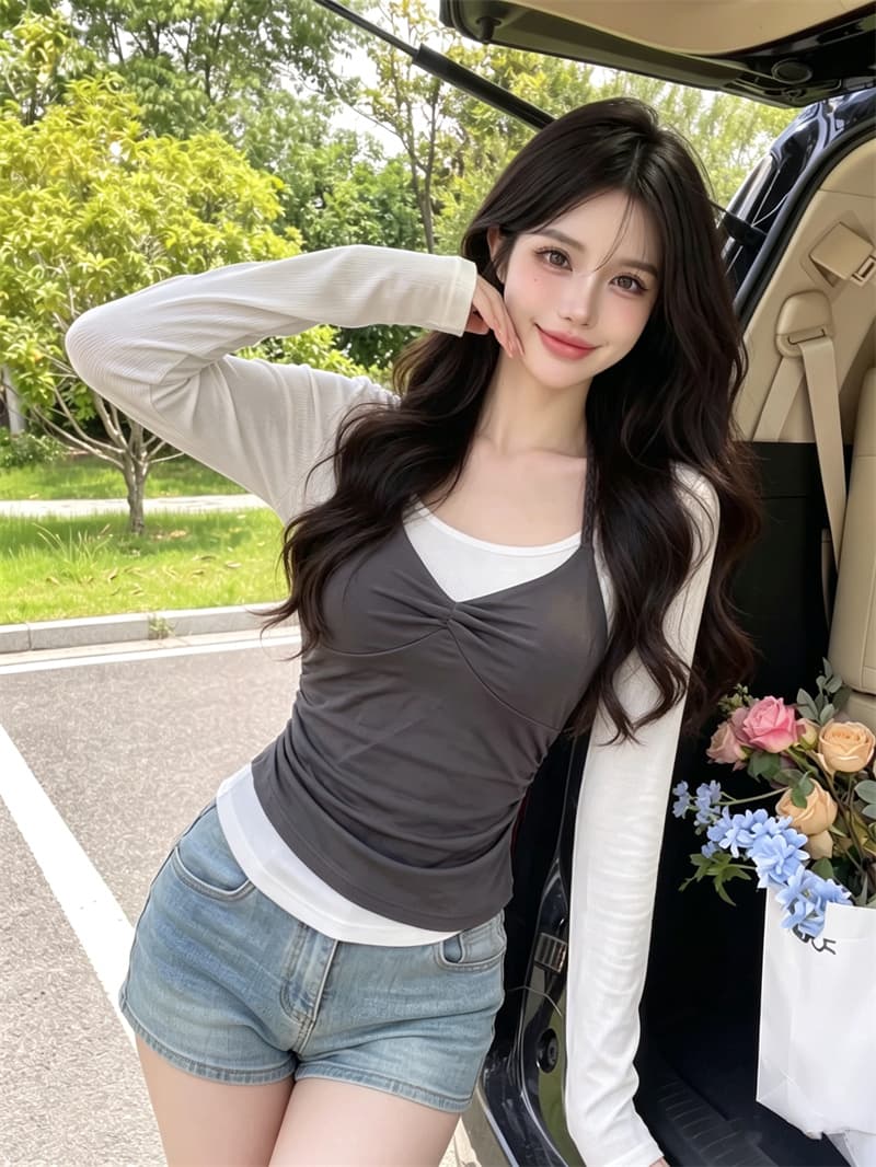 정가 실사 이른 가을 캐주얼 패션 배색 패치워크 페이크 레이어드 연령 감소 한 부서 슬림해 보이는 작은 슬링 조끼 티셔츠 상세 이미지 14