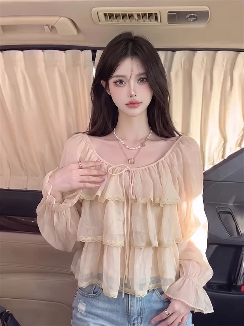 정가 실사 패션 연령 감소 라운드 넥 레이스업 레이스 레이스 작은 셔츠 여성 루즈핏 쉬폰 블라우스 아름다운 Chic 맨위 이미지 2