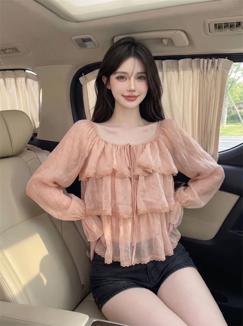 정가 실사 패션 연령 감소 라운드 넥 레이스업 레이스 레이스 작은 셔츠 여성 루즈핏 쉬폰 블라우스 아름다운 Chic 맨위 이미지 3