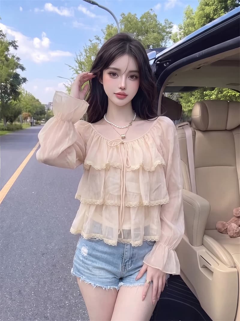 정가 실사 패션 연령 감소 라운드 넥 레이스업 레이스 레이스 작은 셔츠 여성 루즈핏 쉬폰 블라우스 아름다운 Chic 맨위 이미지 4