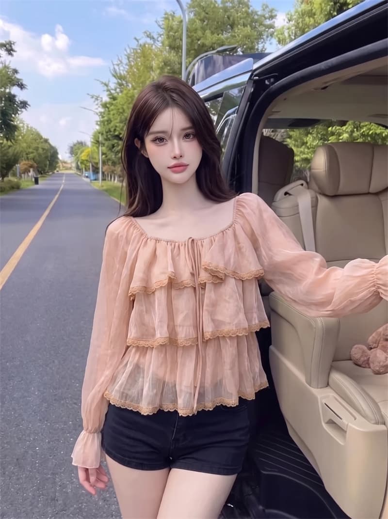 정가 실사 패션 연령 감소 라운드 넥 레이스업 레이스 레이스 작은 셔츠 여성 루즈핏 쉬폰 블라우스 아름다운 Chic 맨위 상세 이미지 1