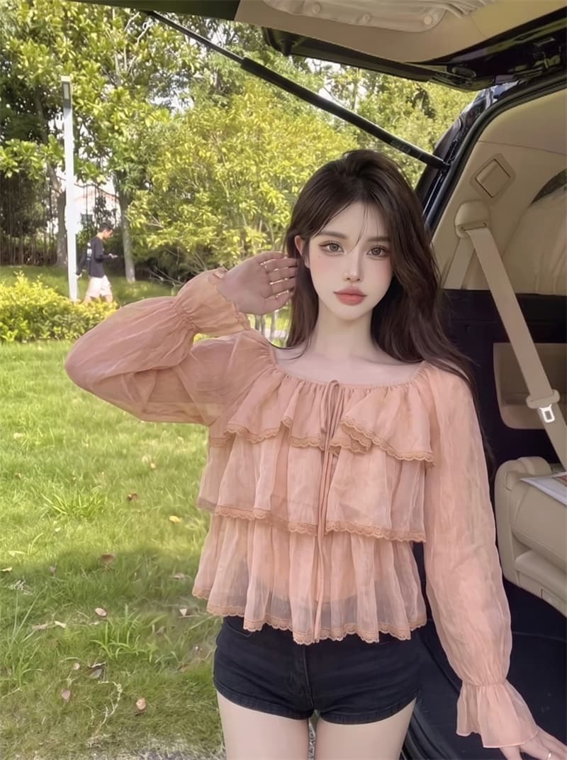 정가 실사 패션 연령 감소 라운드 넥 레이스업 레이스 레이스 작은 셔츠 여성 루즈핏 쉬폰 블라우스 아름다운 Chic 맨위 상세 이미지 2