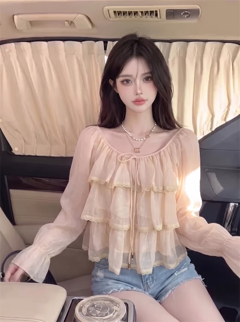정가 실사 패션 연령 감소 라운드 넥 레이스업 레이스 레이스 작은 셔츠 여성 루즈핏 쉬폰 블라우스 아름다운 Chic 맨위 상세 이미지 8