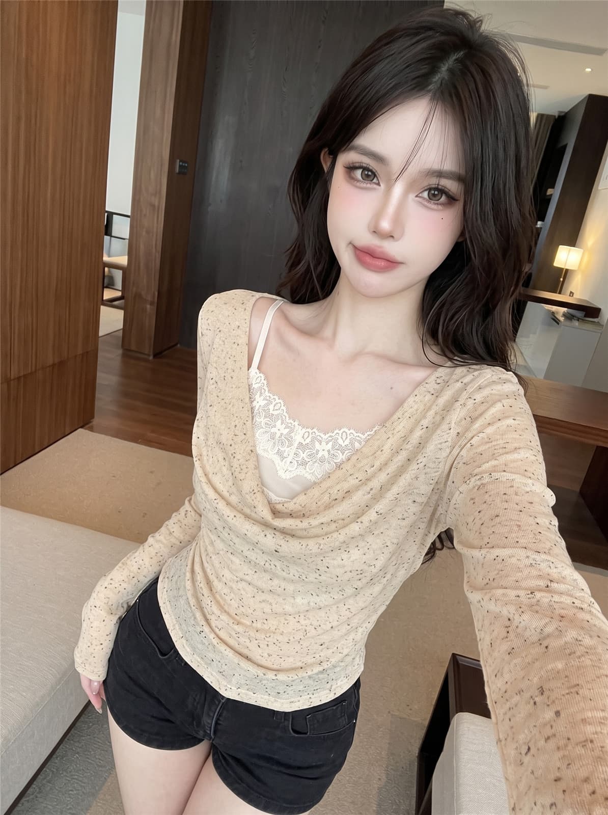 실사 정가 프랑스식 페이크 레이어드 레이스 조각 디자인 센스 흔들다 칼라 긴팔 티셔츠 헤일로 염색 주름 허리 수축 맨위 상세 이미지 7